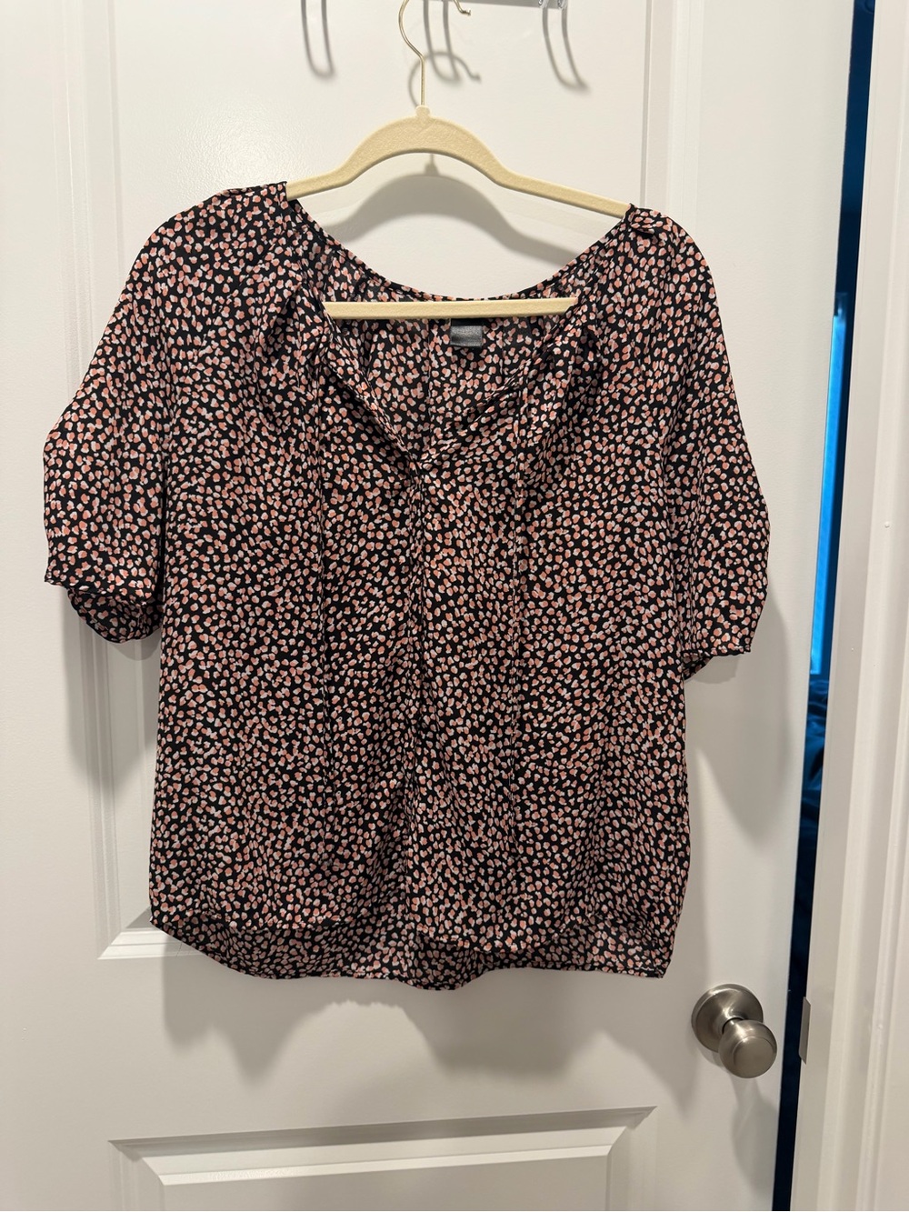 Women's Black and Pink Printed Short Sleeve Blouse - Lightweight V-Neck Top